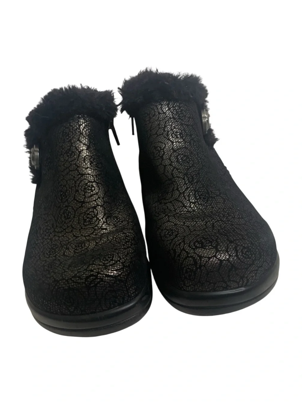 Alegria Meri Black Florette Roses Leather Ankle Boots Faux Fur Trim  36W/5.5-6W